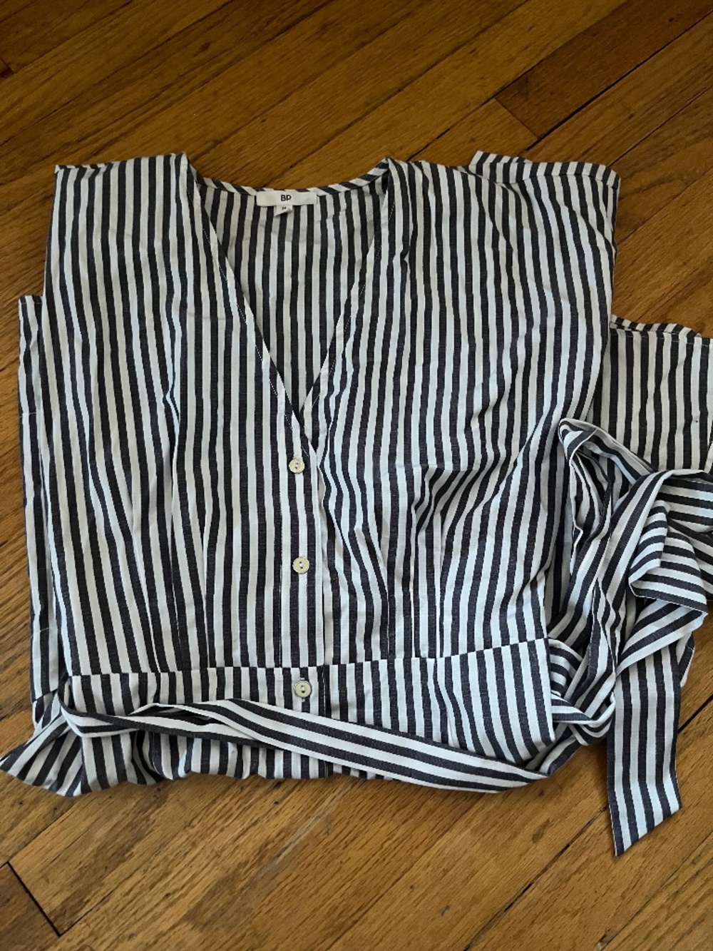 BP gray and white vertical striped mini shirt dress